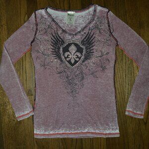 Vocal Long Sleeve V Neck Ribbed Tee Top~sz LG~Stretchy~Silver Black Bling~